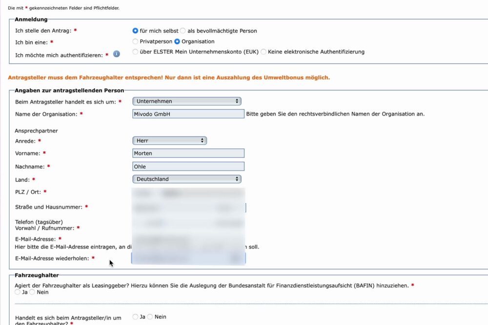 Persönliche Daten im Formular des BAFA Antrags