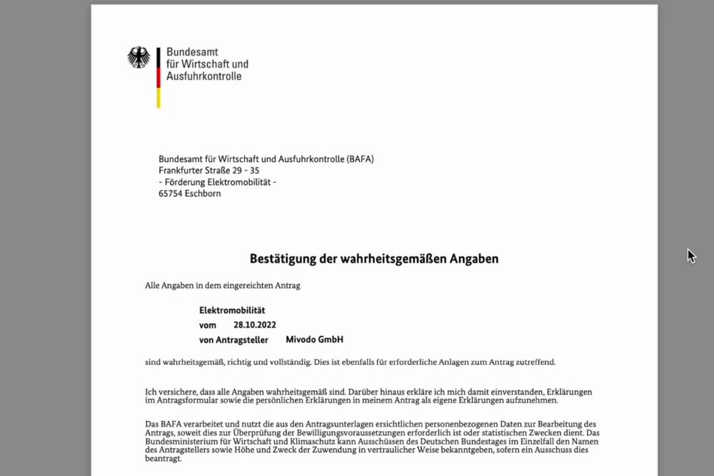 Bestätigungsmail und Dokument Download Link für Bestätigung der wahrheitsgemäßen Angaben